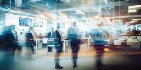 IT business convention, demonstration booth. Long exposure. Blurred human motion background 