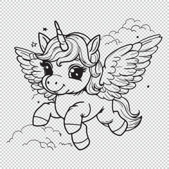 Cute little flying unicorn, black vector illustration on transparent background