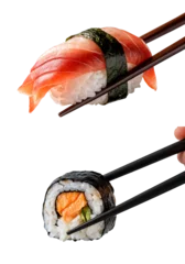 Fotobehang  Nigiri salmon Sushi and maki sushi tuna, sashimi, Japanese food with chopsticks, Isolated Plate PNG, transparent cutout, top view closeup © Pixel Vest