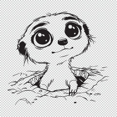 Cute meerkat with big eyes in hole, black vector illustration for kids coloring book