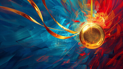 Golden medal against a vibrant abstract background