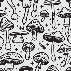 Seamless mushroom pattern background design, black vector illustration on transparent background