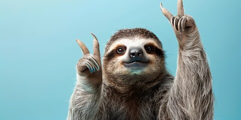 Fototapeta premium a sloth holding two fingers up in the air