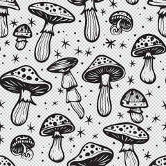 Seamless mushroom pattern background design, black vector illustration on transparent background