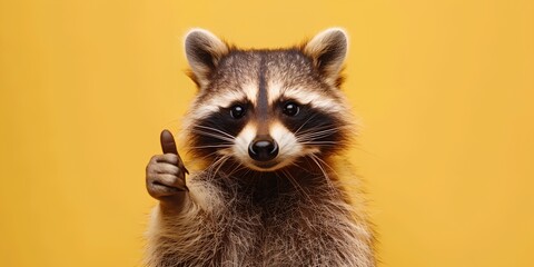 Fototapeta premium raccoon is holding a thumb up in front of a yellow background