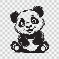 Cute simple panda bear design, black vector illustration on transparent background