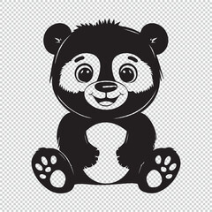 Cute simple panda bear design, black vector illustration on transparent background
