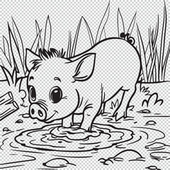 Cute simple muddy pig design, black vector illustration on transparent background