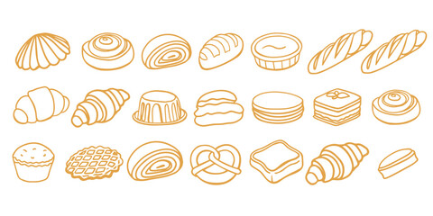 Isolated vector set of Bakery. Hand drawn and chalked cookies, barolls, pies, cakes, pastries, croissants.. Vintage template with pastries sketch. Fresh bakery. Shop. Template.	