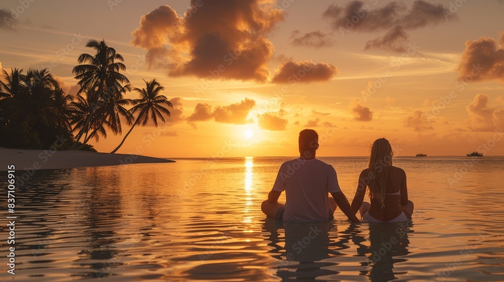 Wall mural A man and woman, sweethearts, stand together in peaceful solitude ,Woman and man sweetheart in relaxation, back to camera, tropical shore, calm waters, golden hour, peaceful solitude.  silhouette