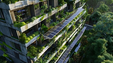 Aerial view of modern building with solar panels and green trees.