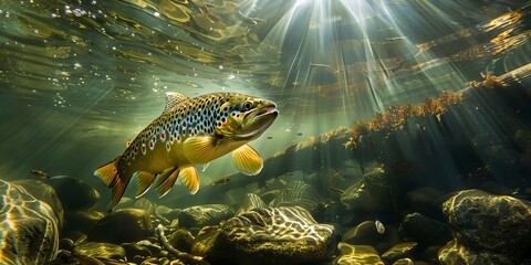 a fish swimming in a large body of water with sunbeams above it and rocks below