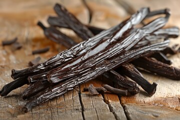 A bunch of vanilla beans are on a wooden table
