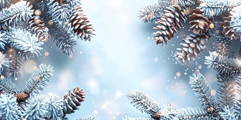bunch of pine cones are hanging from a tree branch with snow falling on them and a blue background