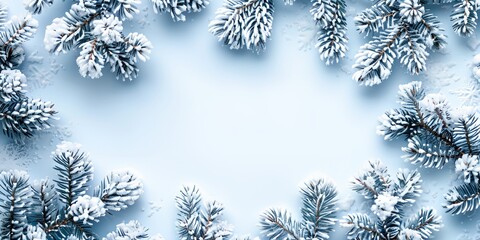 blue background with snow covered pine trees and branches