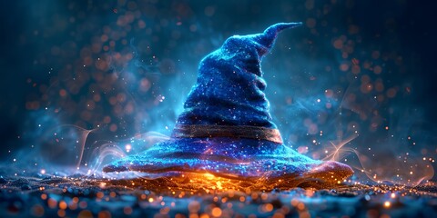 wizard hat on blue floor with a fire in the middle of it