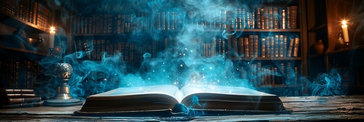 a book with blue smoke coming out of it on a table in a library with bookshelves