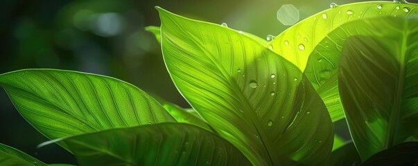 Close-up of vibrant green leaves with water droplets, beautifully illuminated by sunlight, creating a serene natural scene.