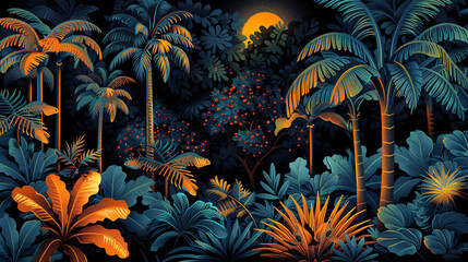 Decorative vector design with ornate tropical plants and trees