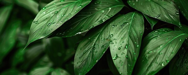 Fototapeta premium Close-up of lush green leaves with water droplets, captured after a rain shower. Perfect for nature, freshness, and botanical themes.