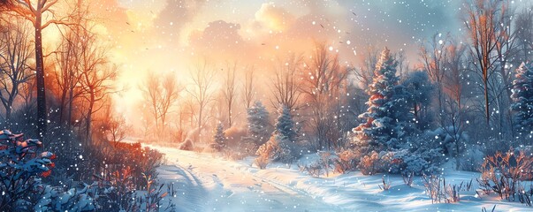 Fototapeta premium A magical winter forest scene with a glowing sunrise.