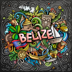 Vector funny doodle illustration with Belize theme. Vibrant and eye-catching design, capturing the essence of Central America culture and traditions through playful cartoon symbols © balabolka