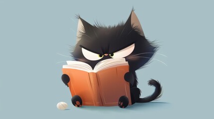 Cute black cat with enthusiasm reading a book
