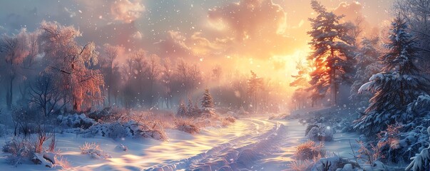 Snowy forest path at sunrise with a misty glow.