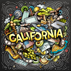 California hand drawn cartoon doodle illustration. Funny USA State design. Creative art vector background. Handwritten text with elements and objects. Chalkboard composition