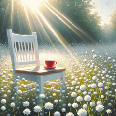 Sunlight beams through a cluster of trees illuminating a serene field of white flowers where a solitary white chair with a red mug on its seat