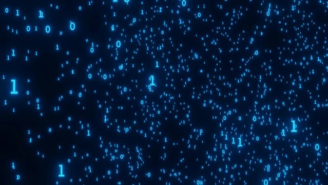 Abstract blue binary code. Digital technology, matrix, cyber space and artificial intelligence background. Big data concept with digits one and zero display on monitor screen. 4K video animation 3d re