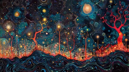 This vibrant digital art piece features a cosmic cityscape with swirling waves at the bottom, illuminated by a myriad of lights and celestial bodies.