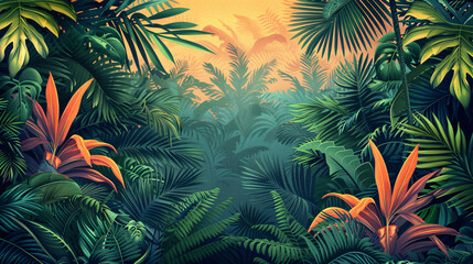 Decorative vector design with ornate tropical plants and trees