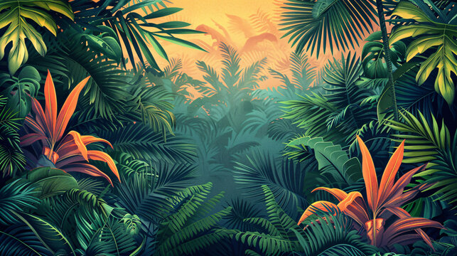 Decorative vector design with ornate tropical plants and trees
