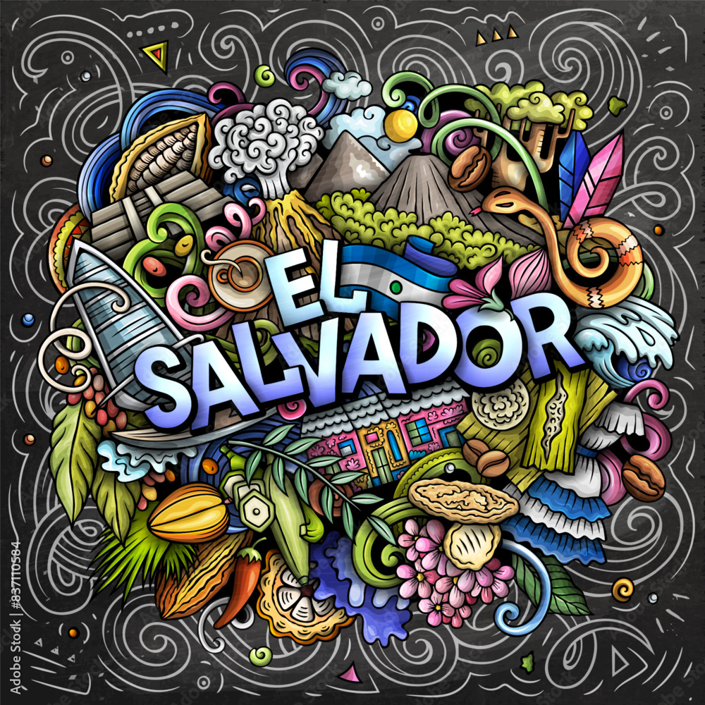 Wall mural vector funny doodle illustration with el salvador theme. vibrant and eye-catching design, capturing  - Wall murals