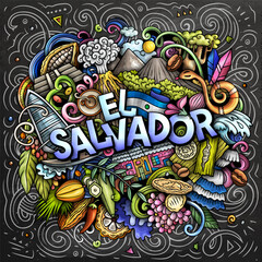 Vector funny doodle illustration with El Salvador theme. Vibrant and eye-catching design, capturing the essence of Central America culture and traditions through playful cartoon symbols