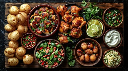 Fototapeta premium Traditional Southeast Asian dishes to celebrate Eid al-Fitr, featuring chicken, alongside a variety of other customary delicacies. 