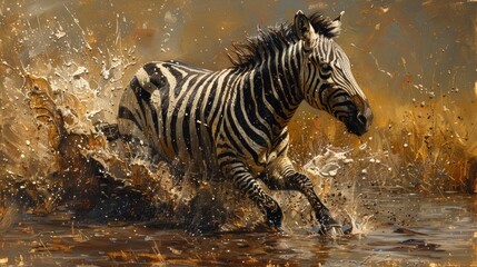 Burchells zebra jumping out of waterhole ; Equus Burchelli