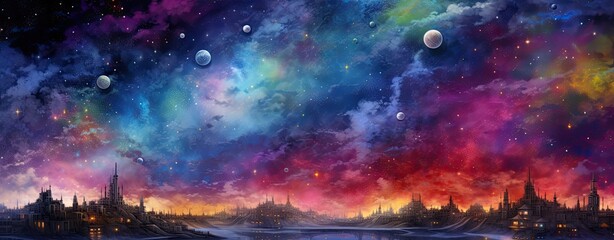 Fototapeta premium Colorful space above planet, abstract landscape banner background