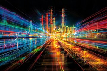 Fototapeta premium A vibrant cityscape at night, featuring an industrial complex with illuminated smokestacks and a bustling train line. The long exposure creates light trails that add a dynamic, futuristic feel.