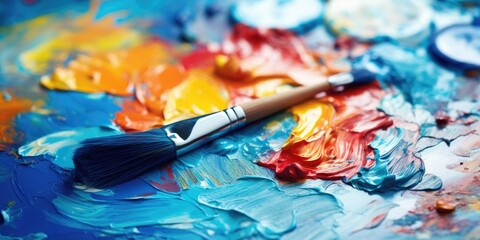 Obraz premium Paint brush and oil paint or acrylic paint, on a pallette. Blue paint with depth of field