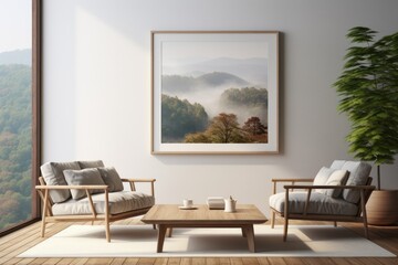 Fototapeta premium Modern Living Room Interior Design With Minimalist Furniture and Foggy Landscape Artwork