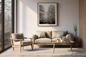 Modern Living Room Interior Design With Minimalist Furniture and Foggy Landscape Artwork