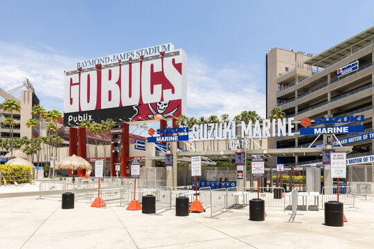 Tampa, FL, USA - May 29, 2024: Raymond James Stadium is home to the Tampa Bay Buccaneers and University of South Florida Bulls NCAA football team. Suzuki Marine gate entrance.