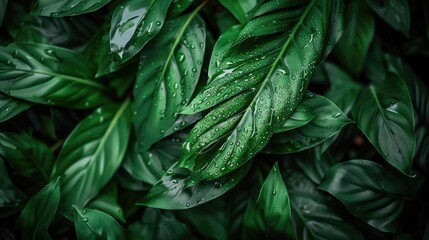 Close-up of lush green leaves with water droplets, showcasing natural beauty and freshness. Perfect for nature and botanical themes.