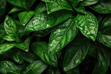Fototapeta premium Close-up of lush green leaves with water droplets, showcasing the beauty of nature and the intricate details of plant life.