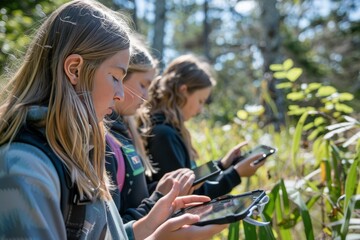 Fototapeta premium Students using tablets for a science project in a well-lit outdoor setting