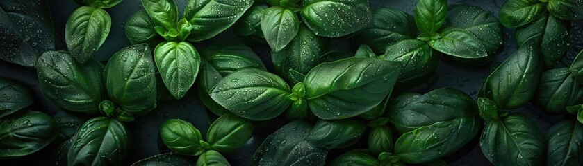 Fototapeta premium A top view of fresh green basil leaves with dark, rich textures, perfect for culinary and nature-themed designs and backgrounds.