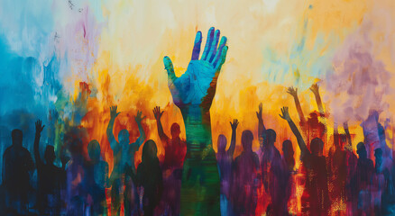 Vibrant Juneteenth Art: Clenched Fists in Pop Art, Embodying Strength and the Fight for Equality with a Silhouette of People Raising Hand Illustrating Freedom