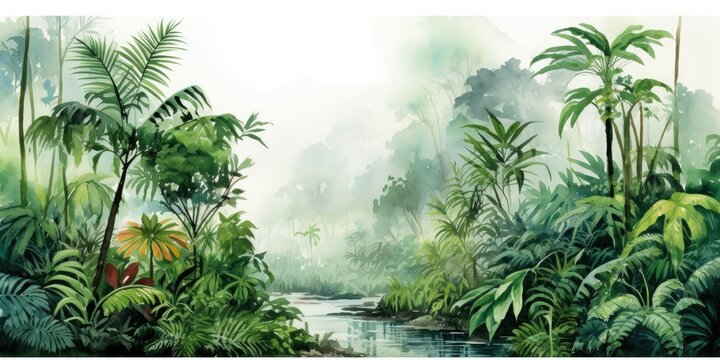 Rainforest, ecology, nature, bio-diversity background. Water color drawing of tropical rain forest